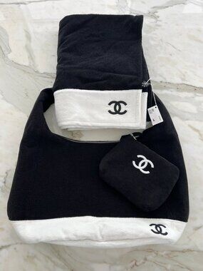 CHANEL 26S BLACK AND WHITE COTTON HOBO BAG POUCH AND TOWEL NWTS!
